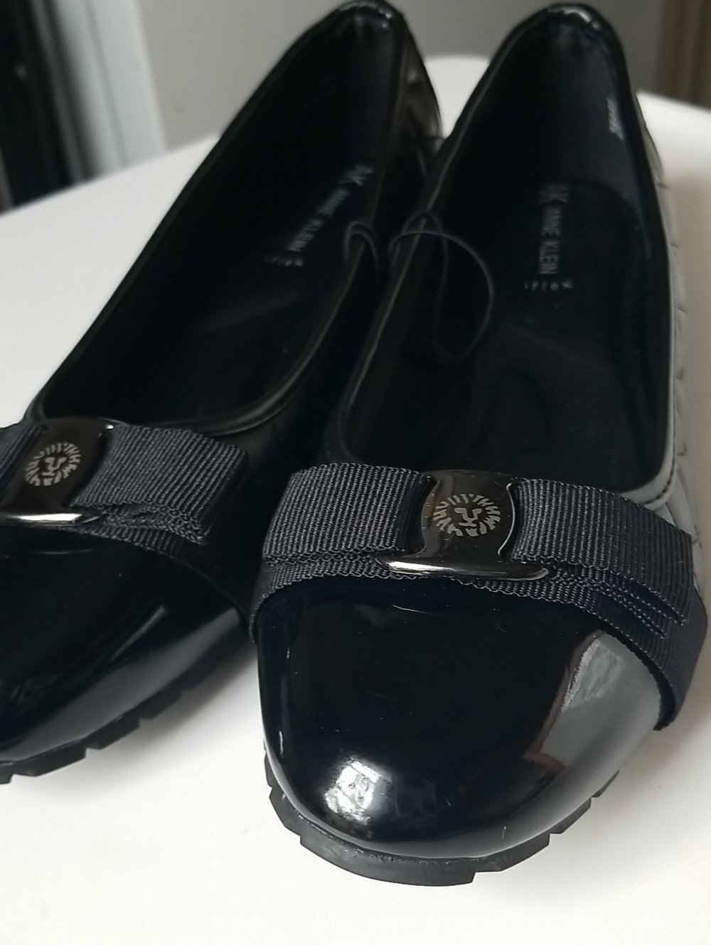Anne Klein Black Patent Ballet Flats with Ribbon Accent